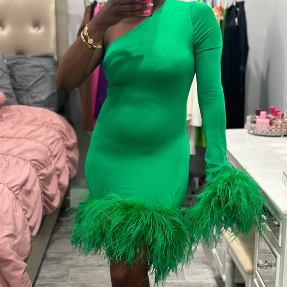 Green One Sleeve Custom Ostrich Feathers Bodycon Mini Dress - Picture 13 of 15